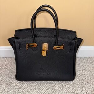 Black Satchel handbag with Gold Accents and crossbody strap